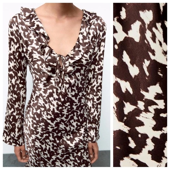 NWT. Zara Brown/Cream Printed Satin Effect Midi Dress with Ruffles. Size XXL. - Picture 3 of 12